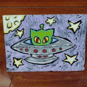 OAK Original Low Brow Cat Alien Spaceship Acrylic Art on Canvas Board Painting